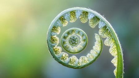 A close-up of the spiraled tip of an unfurling fern frond, symbolizing growth and the beauty of nature's intricate design.の素材