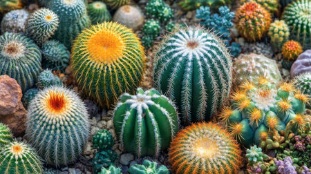 A cluster of different species of cacti in a botanical garden, displaying a variety of shapes, sizes, and colors, all thriving in the arid environment.の素材
