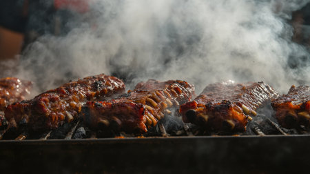 A barbecue smoker in action, with ribs and brisket slowly cooking over a bed of coals, releasing smoky aromas into the air.の素材