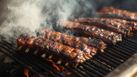 A barbecue smoker in action, with ribs and brisket slowly cooking over a bed of coals, releasing smoky aromas into the air.の素材