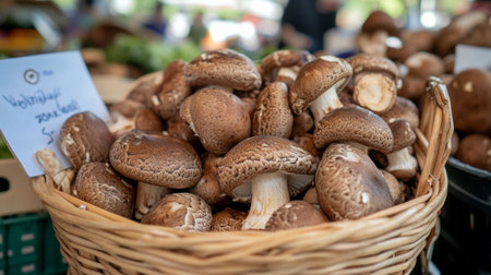 A basket filled with freshly harvested shiitake mushrooms at a farmers market, showcasing their rich, textured caps and inviting freshness.の素材