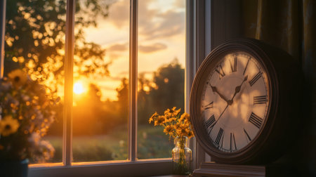 A beautiful sunrise viewed through a window with a classic clock in the foreground, capturing a serene morning scene with the clocks hands indicating early morning hours.の素材