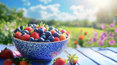 A bowl of vibrant blueberries and strawberries arranged in a colorful pattern, set on a picnic table with a bright summer landscape in the background.の素材