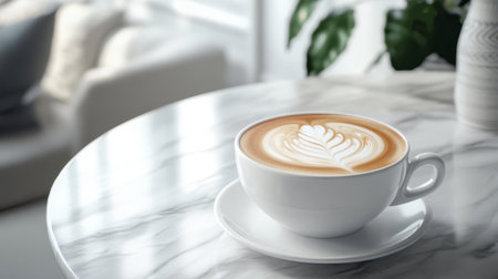 A beautifully crafted cappuccino in a white coffee cup, topped with intricate latte art, served on a sleek marble ca table.の素材