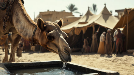 A close-up of a camel drinking water from a trough in a desert village, its long neck extended, with a backdrop of tents and local people going about their day.の素材