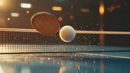 A close-up of a ping pong paddle hitting the ball, capturing the precise moment of contact with the net and table in the background.の素材