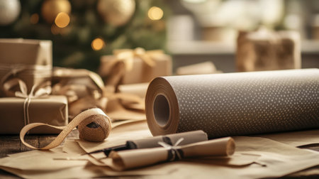 A close-up of a roll of craft paper being used for wrapping gifts, with decorative ribbon and a gift box in the background.の素材