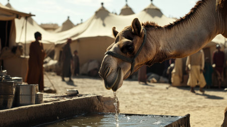 A close-up of a camel drinking water from a trough in a desert village, its long neck extended, with a backdrop of tents and local people going about their day.の素材