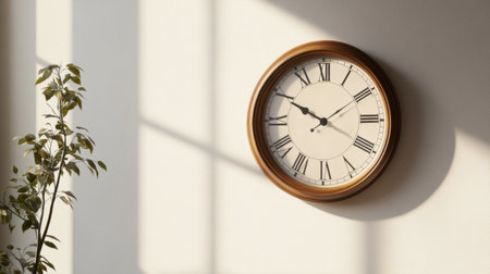 A classic wall clock with a wooden frame and elegant Roman numerals, set against a neutral wall, casting soft shadows that emphasize its timeless design.の素材