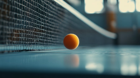 A close-up of a ping pong paddle hitting the ball, capturing the precise moment of contact with the net and table in the background.の素材