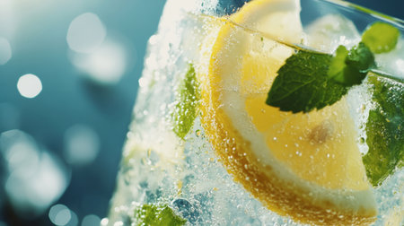 A close-up of a refreshing glass of iced lemonade with mint leaves and lemon slices, condensation forming on the glass under the summer sun.の素材