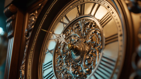 A close-up of an ornate grandfather clock with intricate carvings and a pendulum, highlighting its craftsmanship and the reflection of light on its polished surface.の素材