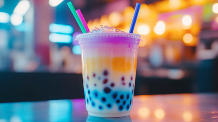 A cold bubble tea in a plastic cup, complete with chewy tapioca pearls, brightly colored straw, and layers of milk and tea swirling together.の素材