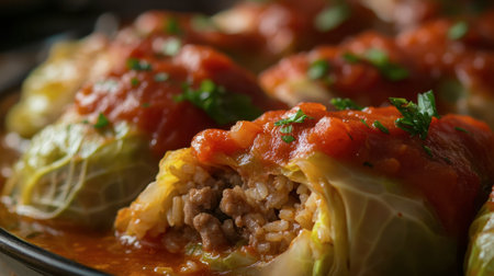 A close-up of a stuffed cabbage roll, filled with rice and ground meat, topped with a savory tomato sauce, ready to be served as a hearty traditional meal.の素材