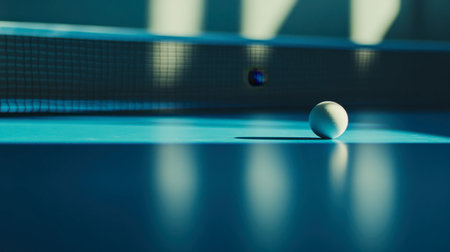 A close-up of a ping pong paddle resting on a blue table, with a single ball positioned near the net, evoking a calm, ready-to-play vibe.の素材