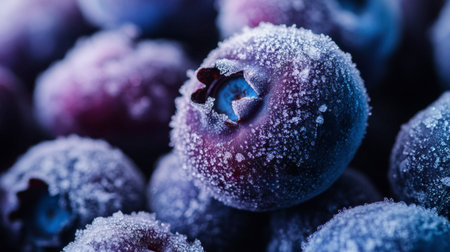 A close-up of frozen blueberries covered in frost, creating a wintry texture, with the deep purple-blue colors enhanced by the icy coating.の素材