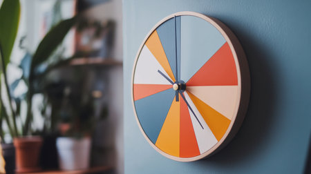 A close-up of a unique clock with a geometric design and colorful face, mounted on a wall in a creative workspace, adding a modern touch to the rooms decor.の素材