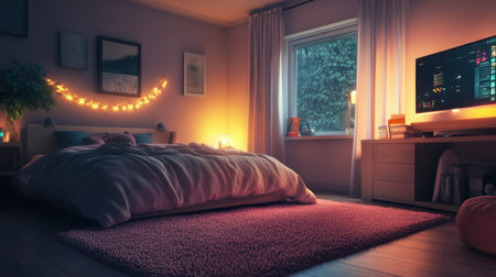 A cozy bedroom with a plush pink rug on the floor, soft lighting, and warm-toned furniture, creating a serene and inviting retreat.の素材