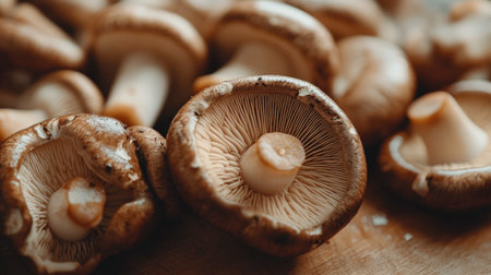A close-up of fresh shiitake mushrooms on a wooden cutting board, highlighting the earthy brown caps and delicate gills underneath, ready to be used in a recipe.の素材