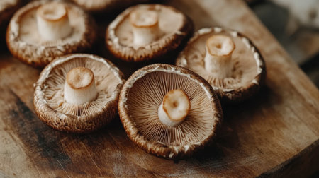 A close-up of fresh shiitake mushrooms on a wooden cutting board, highlighting the earthy brown caps and delicate gills underneath, ready to be used in a recipe.の素材