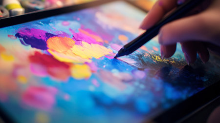 A close-up of a tablet with a stylus, displaying a vibrant digital graphic design in progress, with the artists hand adding details and colors on the screen.の素材