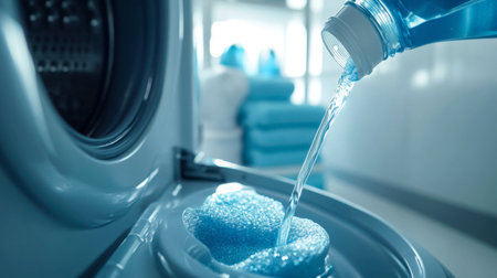 A close-up of washing machine detergent being poured into the dispenser drawer, with a clean, modern washing machine and fresh laundry items visible in the background.の素材