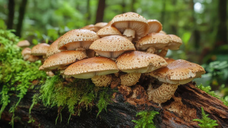 A cluster of shiitake mushrooms growing on a log in a forest, surrounded by moss and natural foliage, capturing the essence of wild foraging.の素材