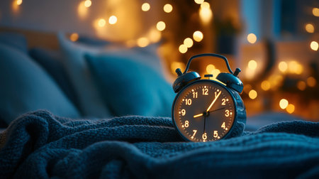 A close-up of a stylish alarm clock with a retro design, featuring a round face, bell mechanism, and glowing hands, placed on a bedside table with cozy decor.の素材