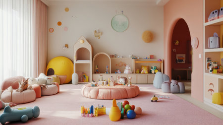 A cozy childrens playroom with a soft pink carpeted floor, colorful toys, and pastel furniture, perfect for a playful and inviting space.の素材