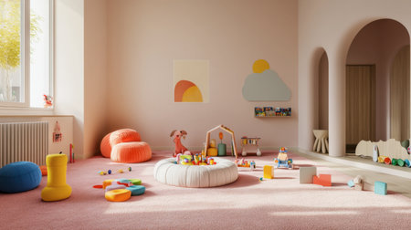 A cozy childrens playroom with a soft pink carpeted floor, colorful toys, and pastel furniture, perfect for a playful and inviting space.の素材