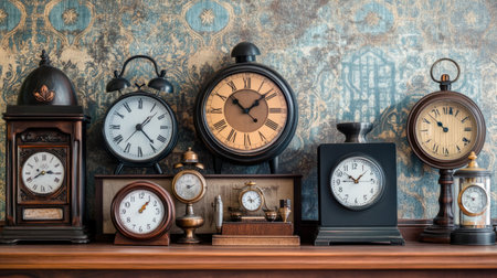 A collection of various clocks, including analog, digital, and decorative styles, arranged on a shelf against a stylish, patterned background for a dynamic visual effect.の素材