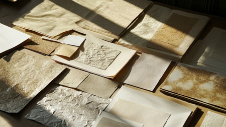 A creative setup with a variety of textured paper samples, including embossed, glossy, and matte finishes, laid out for design purposes.の素材
