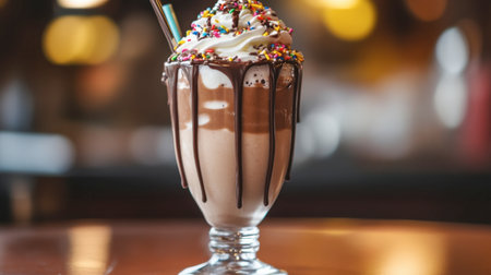 A creamy cold chocolate milkshake with whipped cream, chocolate drizzle, and sprinkles, served in a retro diner-style glass.の素材