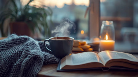 A cozy scene with a steaming cup of coffee resting on a wooden table, with a soft blanket and an open book nearby, perfect for a relaxing morning.の素材