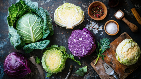 A creative flat-lay of different cabbage varieties, including Napa, Savoy, and red cabbage, arranged on a rustic table with kitchen utensils and ingredients.の素材