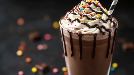 A creamy cold chocolate milkshake with whipped cream, chocolate drizzle, and sprinkles, served in a retro diner-style glass.の素材
