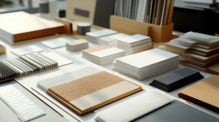 A creative setup with a variety of textured paper samples, including embossed, glossy, and matte finishes, laid out for design purposes.の素材