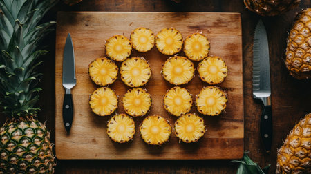 A flat-lay of fresh pineapple slices arranged in a circular pattern on a wooden board, with a sharp knife nearby, showcasing vibrant yellow flesh.の素材