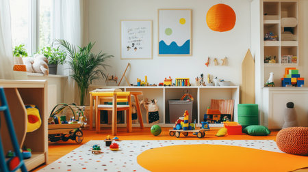 A creative photo of a childs playroom with a bright orange floor, scattered toys, and colorful furniture, creating a playful and fun environment.の素材
