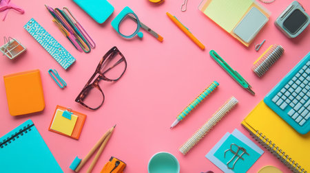 A creative flat-lay of vibrant office supplies scattered on a smooth pink floor, showcasing bold colors and a modern workspace vibe.の素材