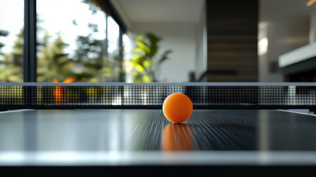 A detailed view of a sleek ping pong table with a bright orange ball bouncing across the net, set in a modern recreational room.の素材