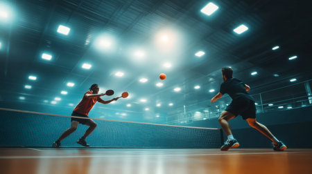 A high-energy action shot of two players mid-game in a ping pong match, the ball suspended in the air as paddles strike in a brightly lit indoor setting.の素材