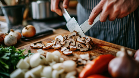 A kitchen scene with shiitake mushrooms being finely sliced on a cutting board, alongside other fresh vegetables like garlic and onions, preparing for a stir-fry.の素材