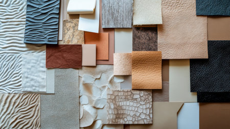 A creative setup with a variety of textured paper samples, including embossed, glossy, and matte finishes, laid out for design purposes.の素材