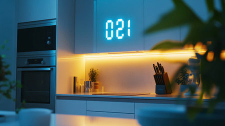 A digital wall clock displaying the time in large, bright numbers, mounted in a kitchen setting with modern appliances and clean, uncluttered countertops.の素材