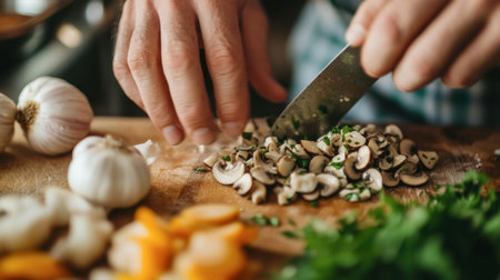 A kitchen scene with shiitake mushrooms being finely sliced on a cutting board, alongside other fresh vegetables like garlic and onions, preparing for a stir-fry.の素材