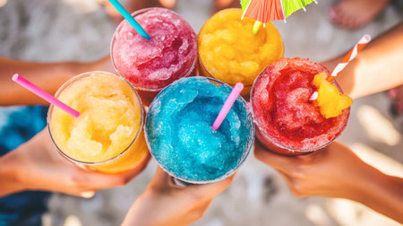 A group of friends toasting with colorful slushies, each in a different flavor--blue raspberry, mango, and strawberry--served in fun cups with umbrella straws.の素材