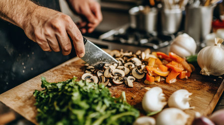 A kitchen scene with shiitake mushrooms being finely sliced on a cutting board, alongside other fresh vegetables like garlic and onions, preparing for a stir-fry.の素材