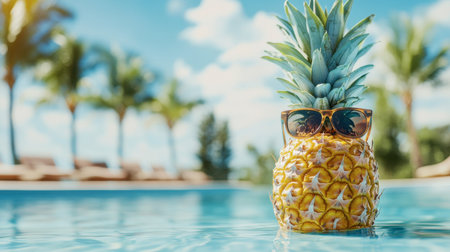 A fun summer scene with a pair of sunglasses on a pineapple, placed poolside, evoking a playful, vacation-ready vibe under the warm sun.の素材