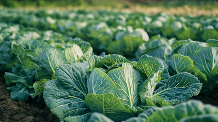 A field of cabbages growing under the bright sun, with rows of large green leaves stretching out across the landscape, waiting to be harvested.の素材